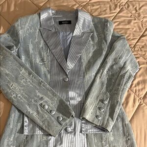 Silver Textured Satin-Trim Blazer Jacket - Women's